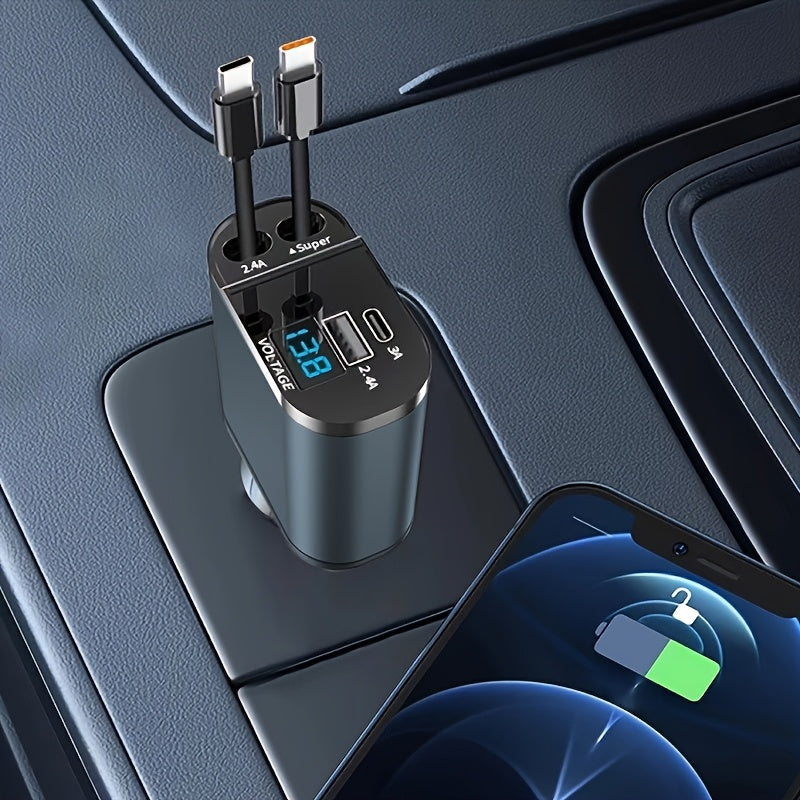 Cargador de coche de aleación de aluminio retráctil 4 en 1 con carga rápida y adaptador USB