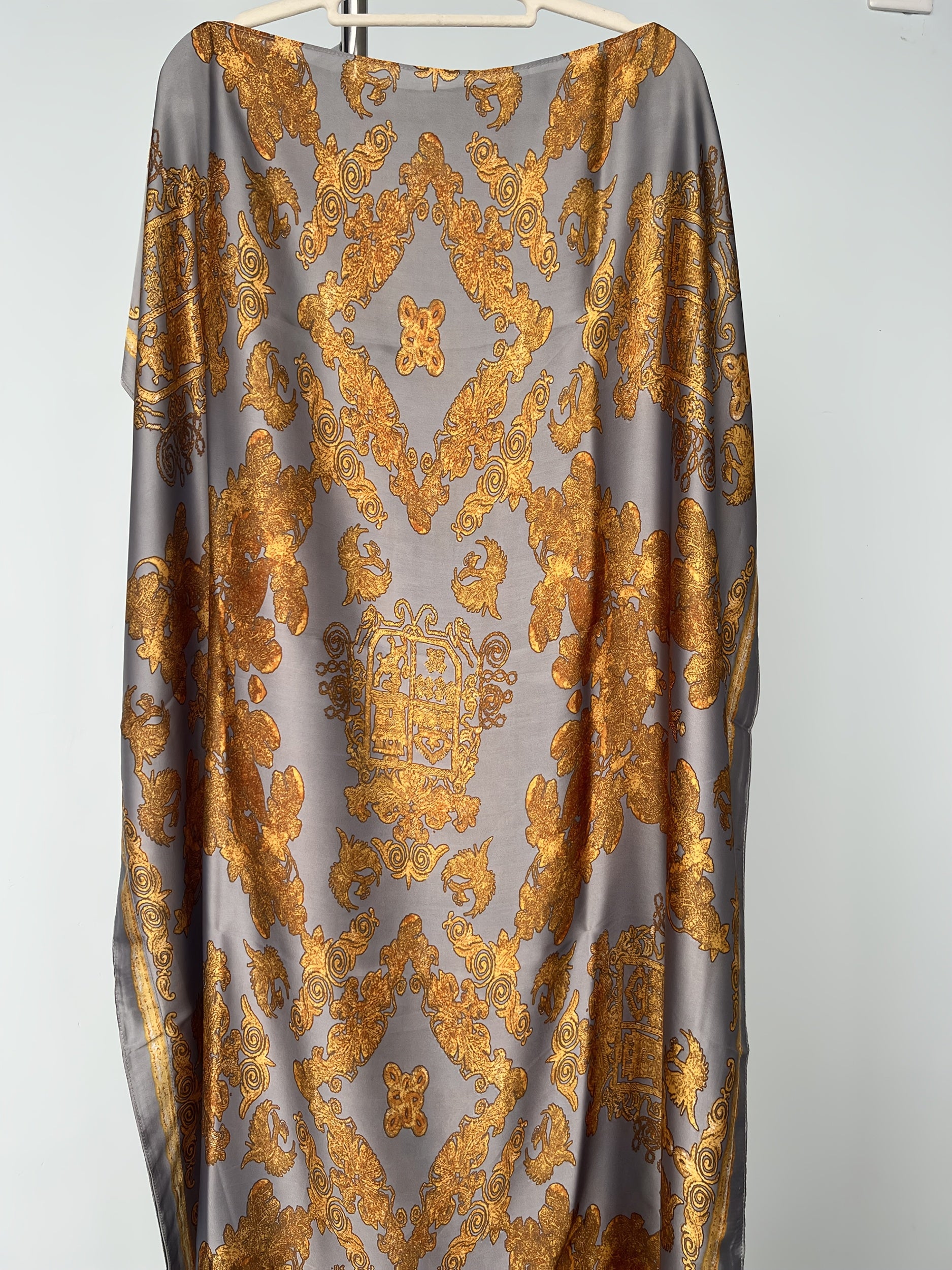 Plus Size Women's Gray Gold Baroque Abaya Dress with Scarf Loose Fit Long Dress