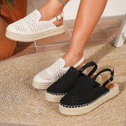 Women's Black Woven Fabric Beach Sandals with Ankle Bracelet and Non-Slip Sole