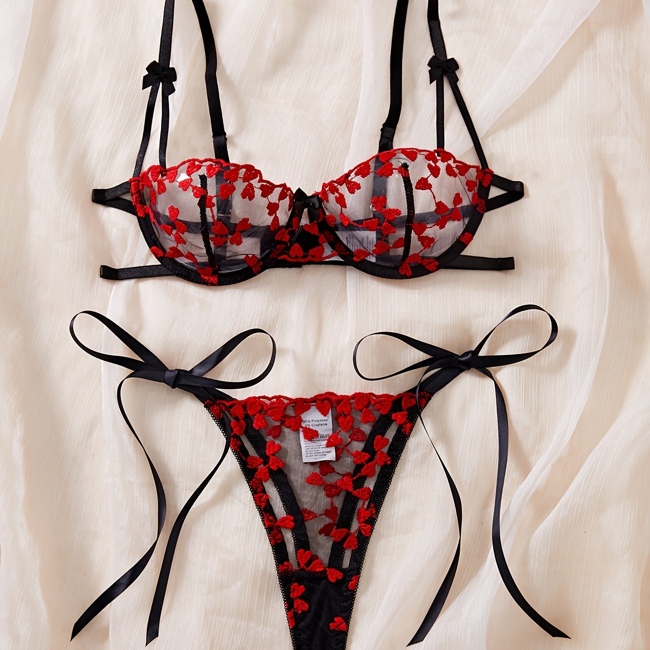 Women's Embroidered Mesh Two-Piece Set Heart Pattern Sexy Lingerie