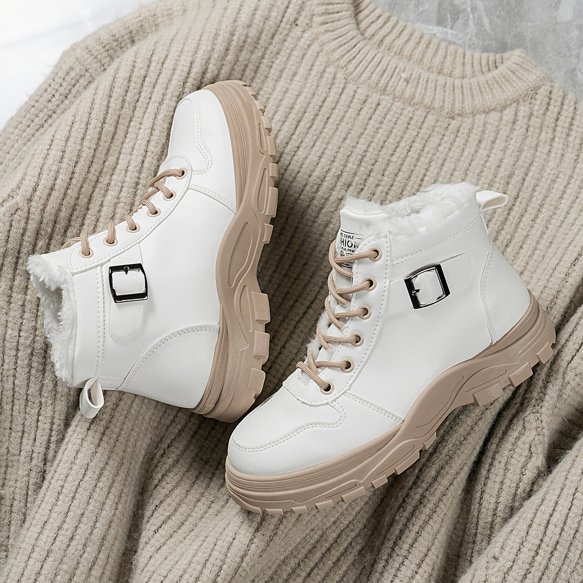 Women’s Winter Black and White Plush Slip-On Boots for Plus-Size Outdoor