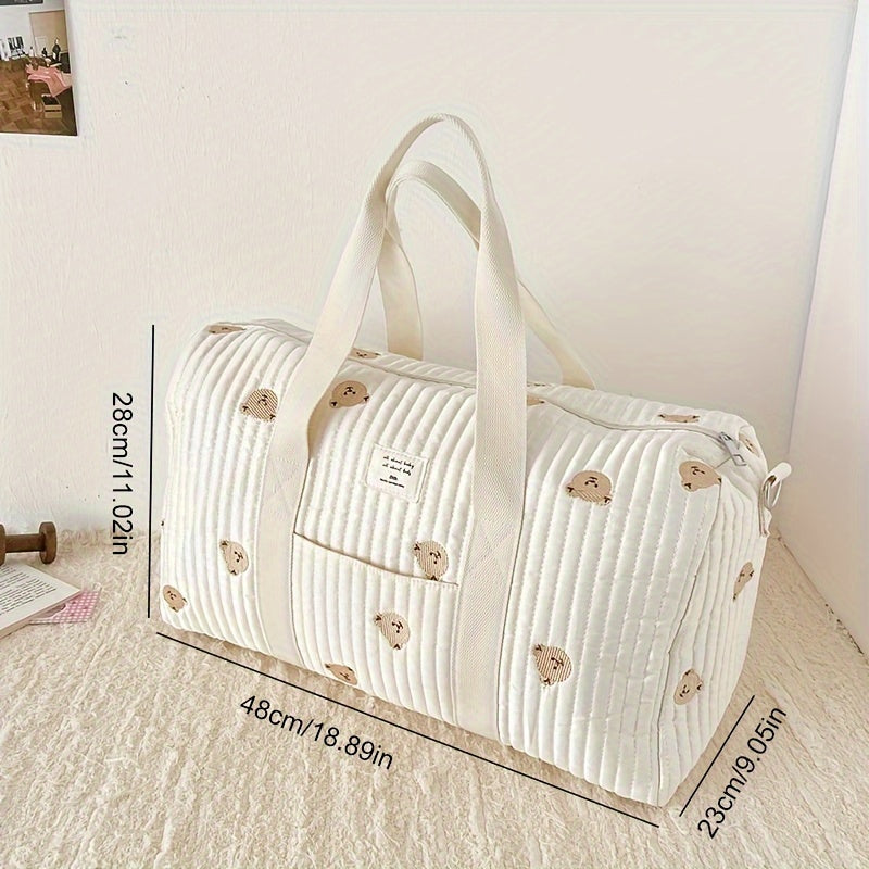Large Capacity Storage Bag with Embroidered Bear Design for Travel and Organization
