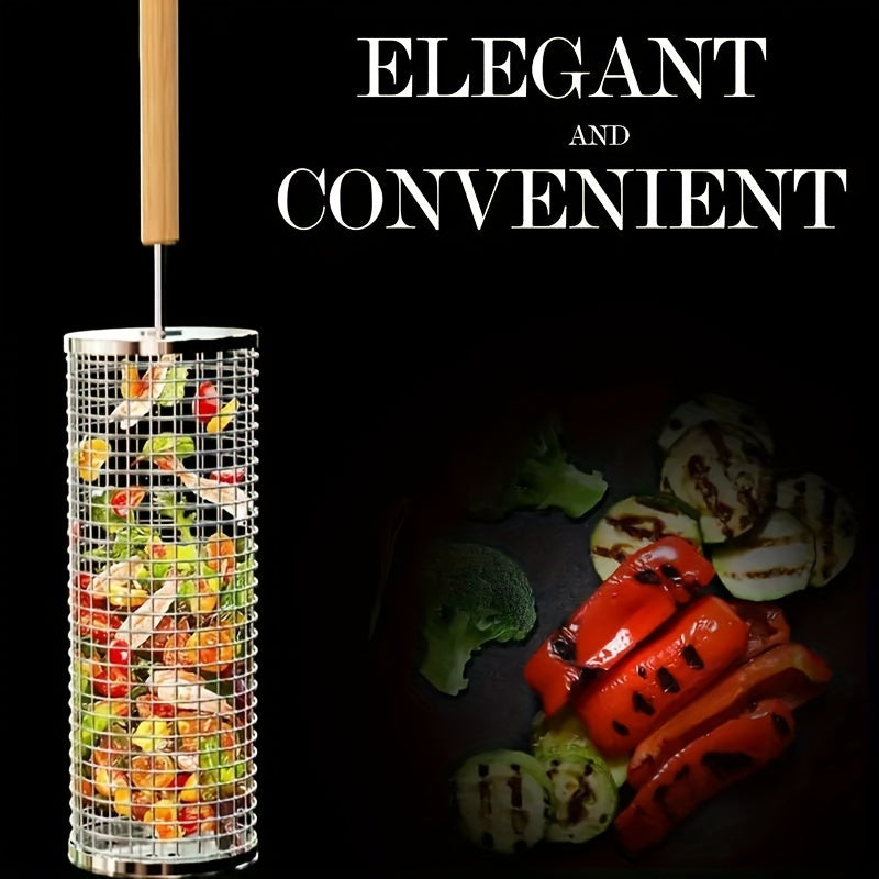 304 Stainless Steel Grill Baskets with Detachable Wooden Handles for Vegetables and Shrimp