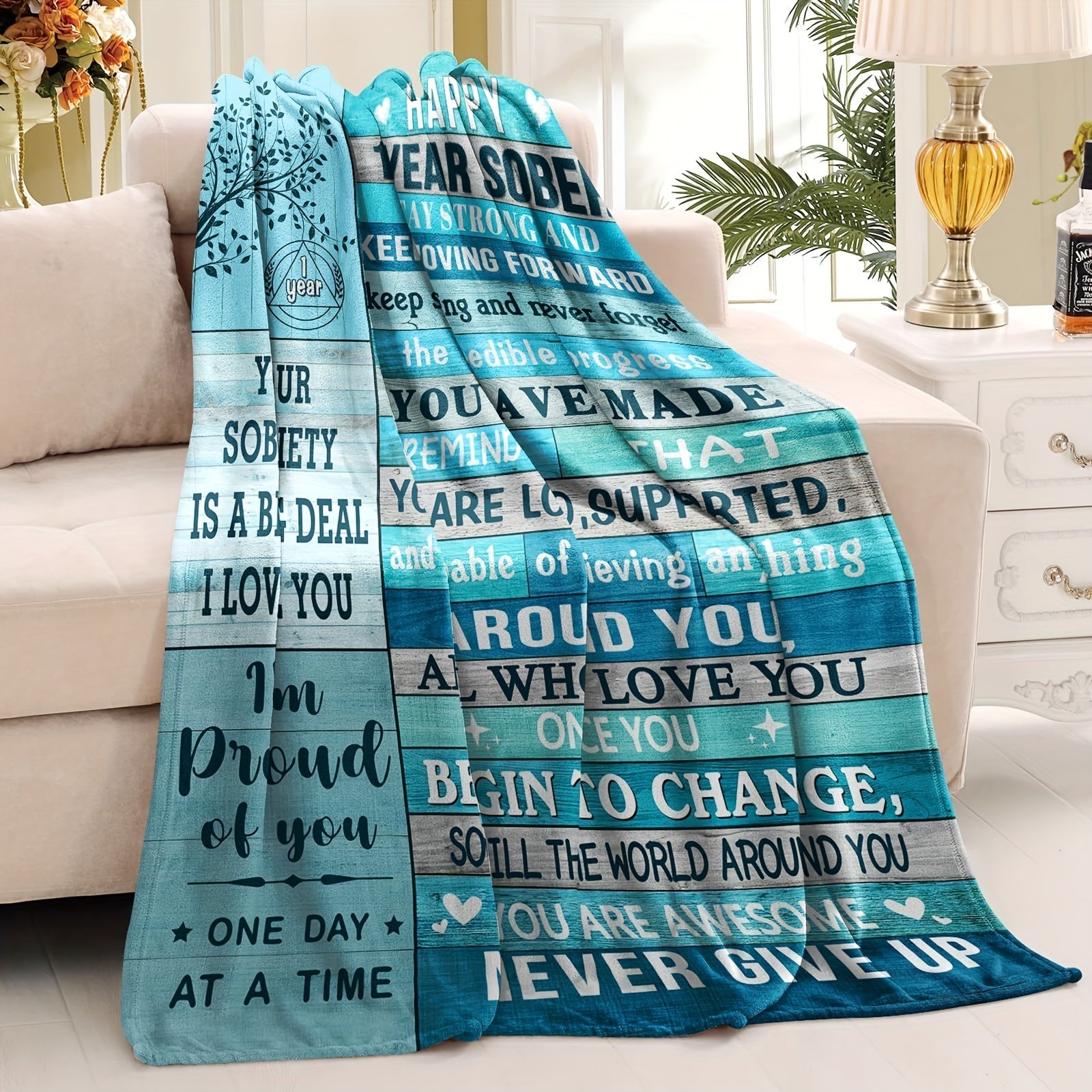 Inspirational Throw Blanket for Men Women 1 Year Sobriety Recovery Digital Print All-Season Flannel
