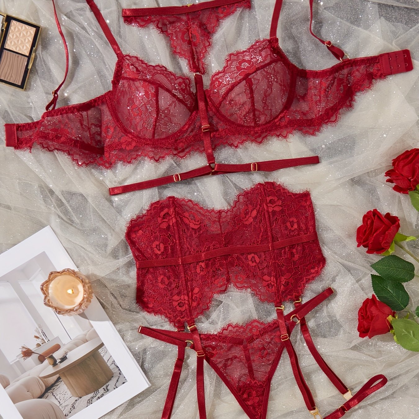 See-Through Lace Lingerie Set for Women with Bra and Thong