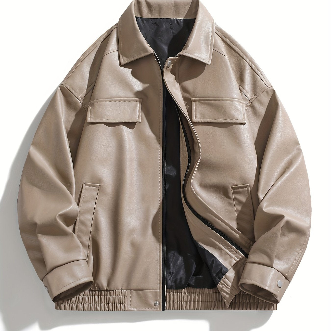 Мужская черная ретро-кожаная куртка из PU с молнией, повседневный уличный стиль с клапанами карманов