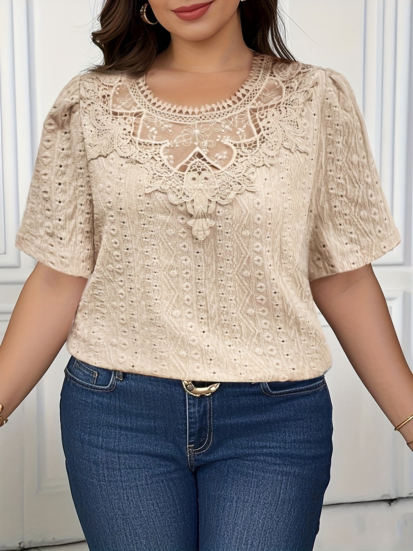 Plus Size Women's Floral Lace Trim Short Sleeve Blouse Summer Casual Black