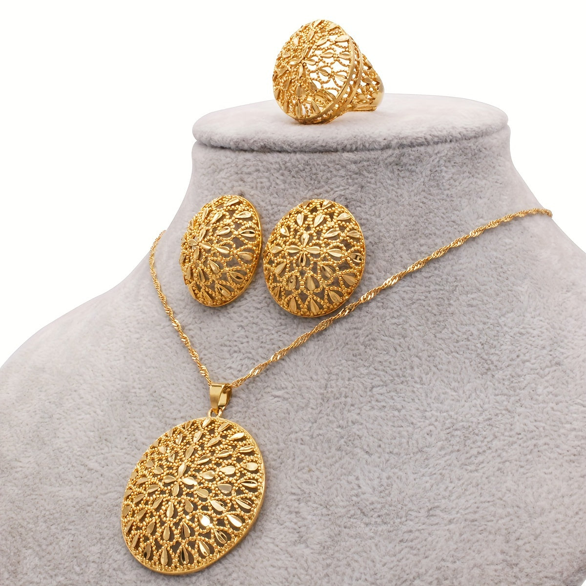 Gold-Plated Jewelry Set for Women African-Inspired Necklace Earrings Ring Gift