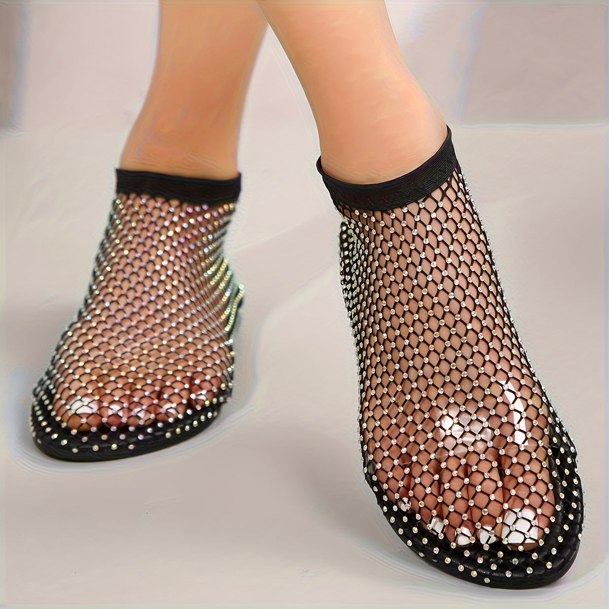 Women's Rhinestone Mesh Flat Shoes with Crystal Embellishments and Rubber Sole