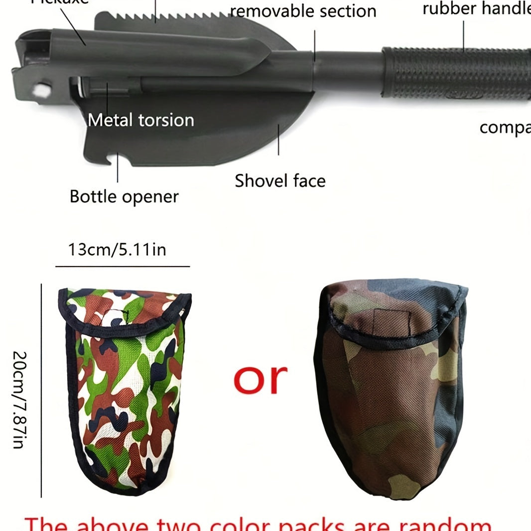 Pala de camping plegable de acero inoxidable multi-herramienta con sierra, pico, abridor de botellas y bolsa de almacenamiento