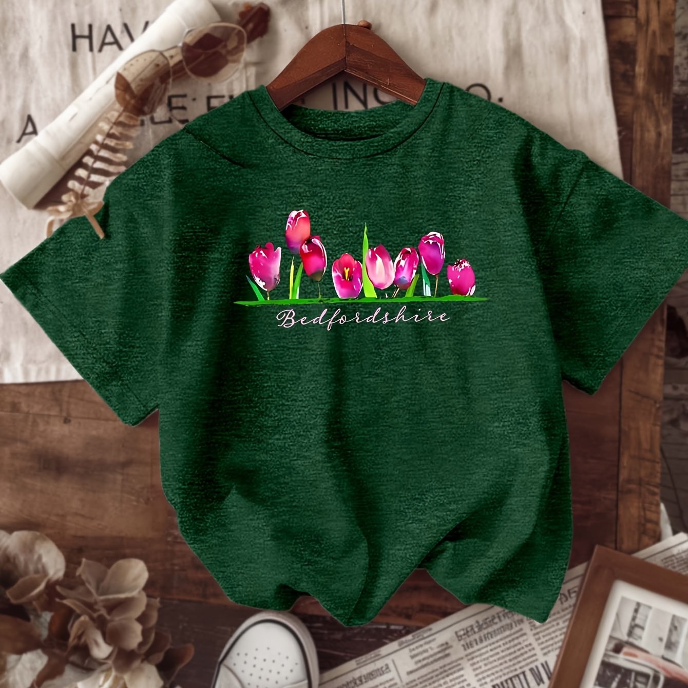 Women's Green Cotton T-Shirt Short Sleeve Casual Summer Top