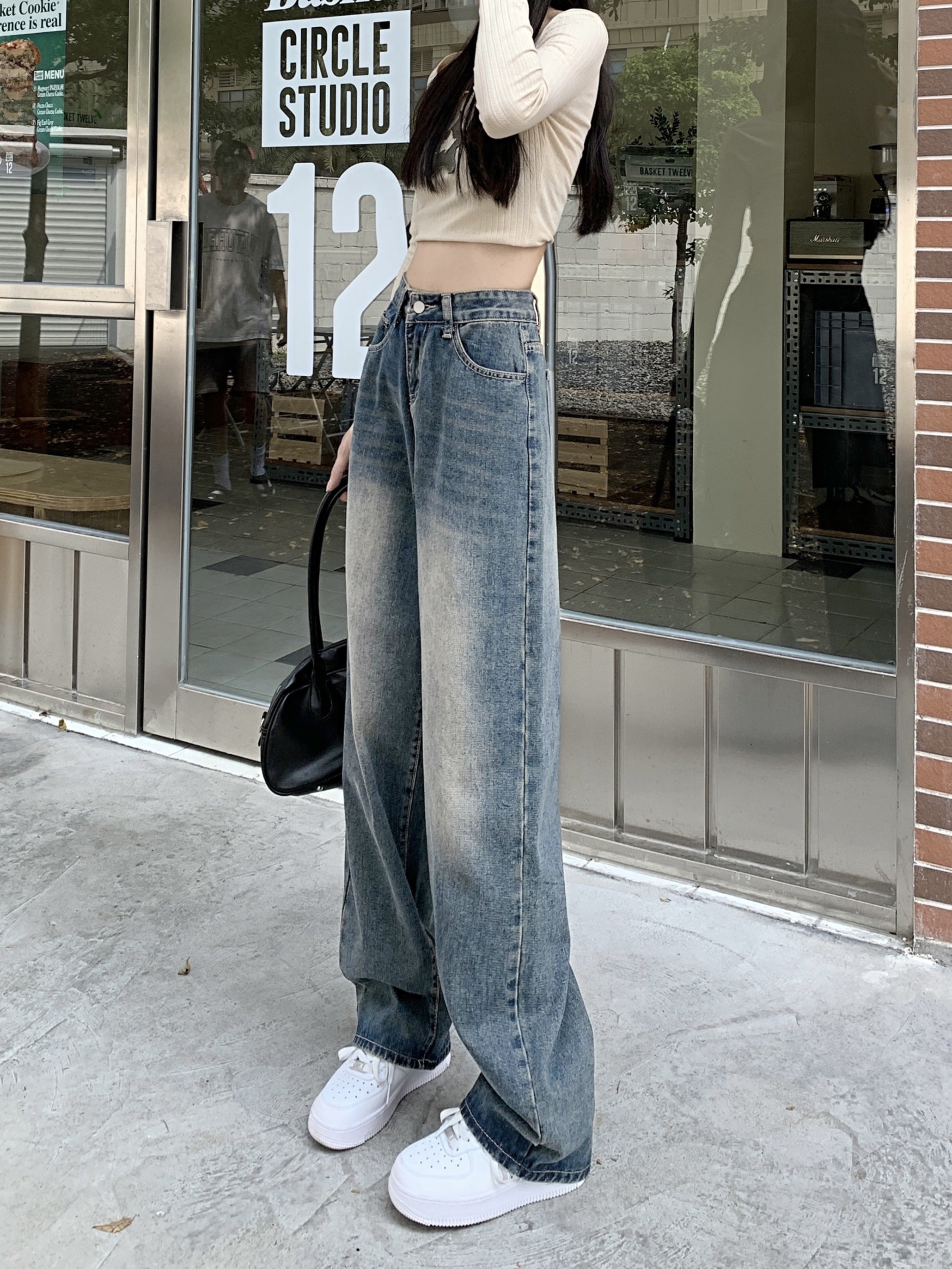 Women’s Vintage High-Waist Straight Leg Jeans Non-Stretch Cotton Polyester Solid Color