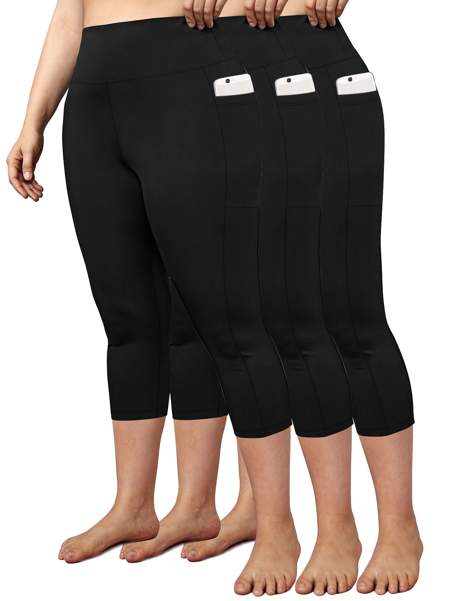 Women's Plus Size High-Waisted Yoga Pants with Pockets Solid Color 3-Pack