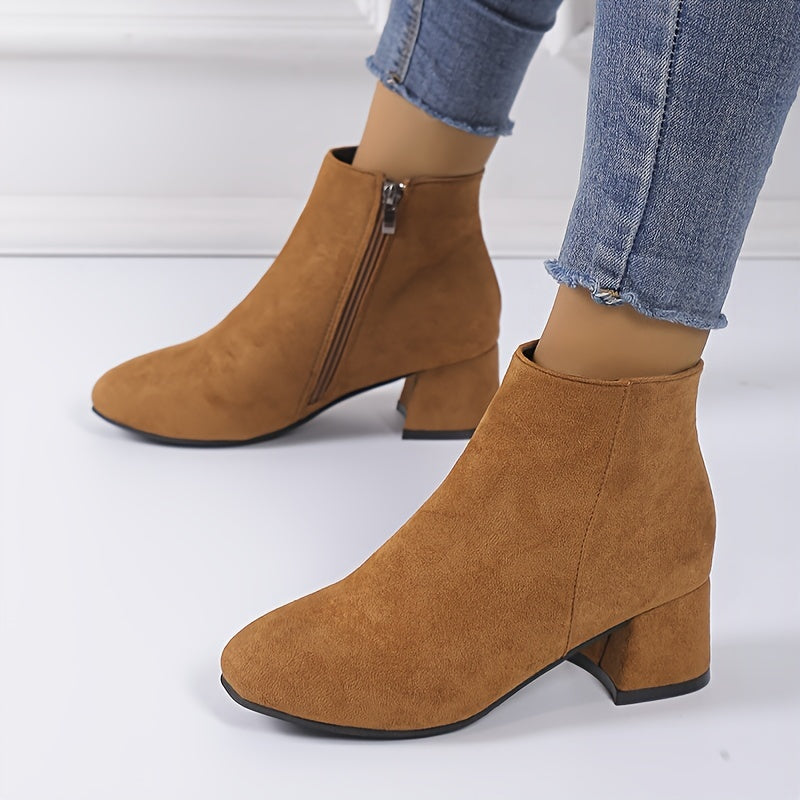 Women's Solid Color Block Heeled Ankle Boots Side Zipper Short Shoes