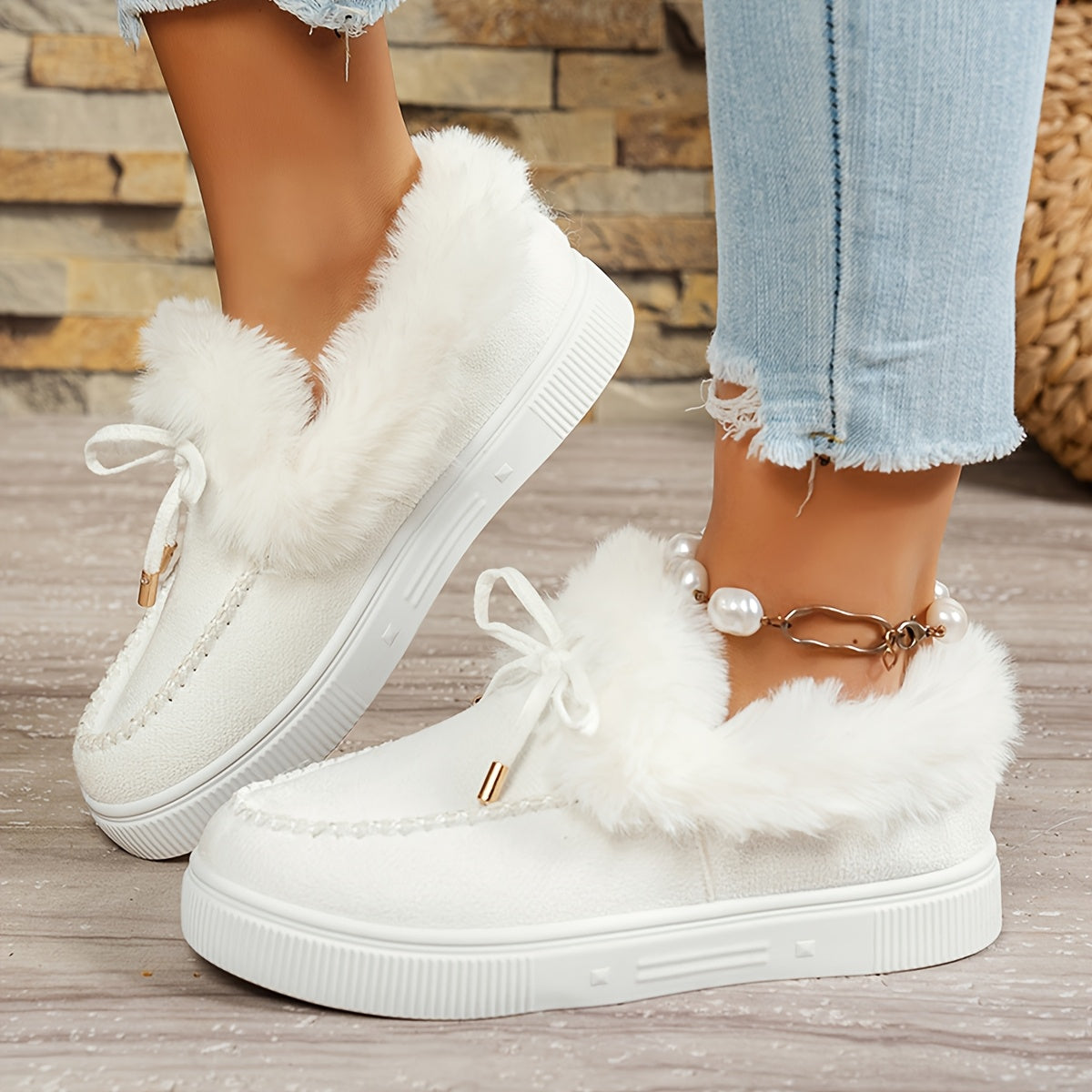 Women's Fuzzy Fleece Slip-On Sneakers Warm Winter Casual Solid Color