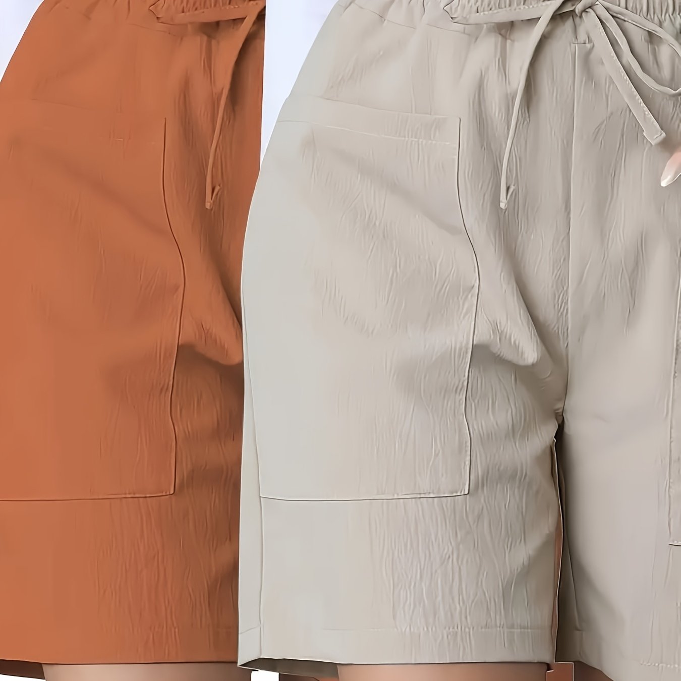 Women Cotton Casual Solid Color Drawstring Shorts with Pockets 2pcs