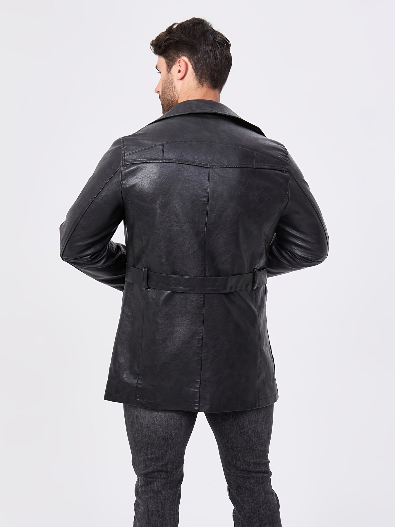 Men's PU Leather Windbreaker Jacket with Waist Belt Long Sleeve Solid Street Style