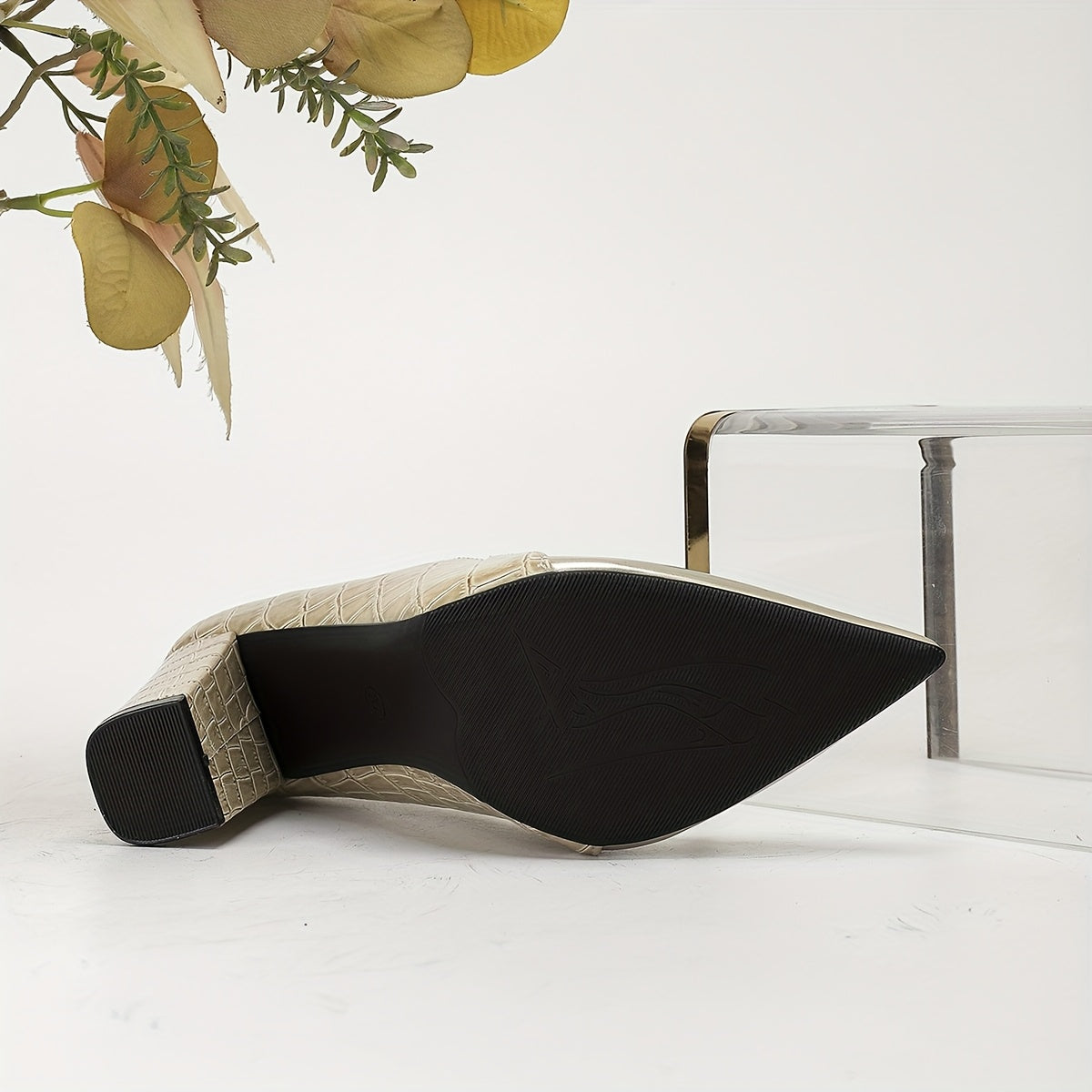 Women's Ultra-High Block Heel Shoes with Mirrored Toe and Checkered Pattern for Festive Events