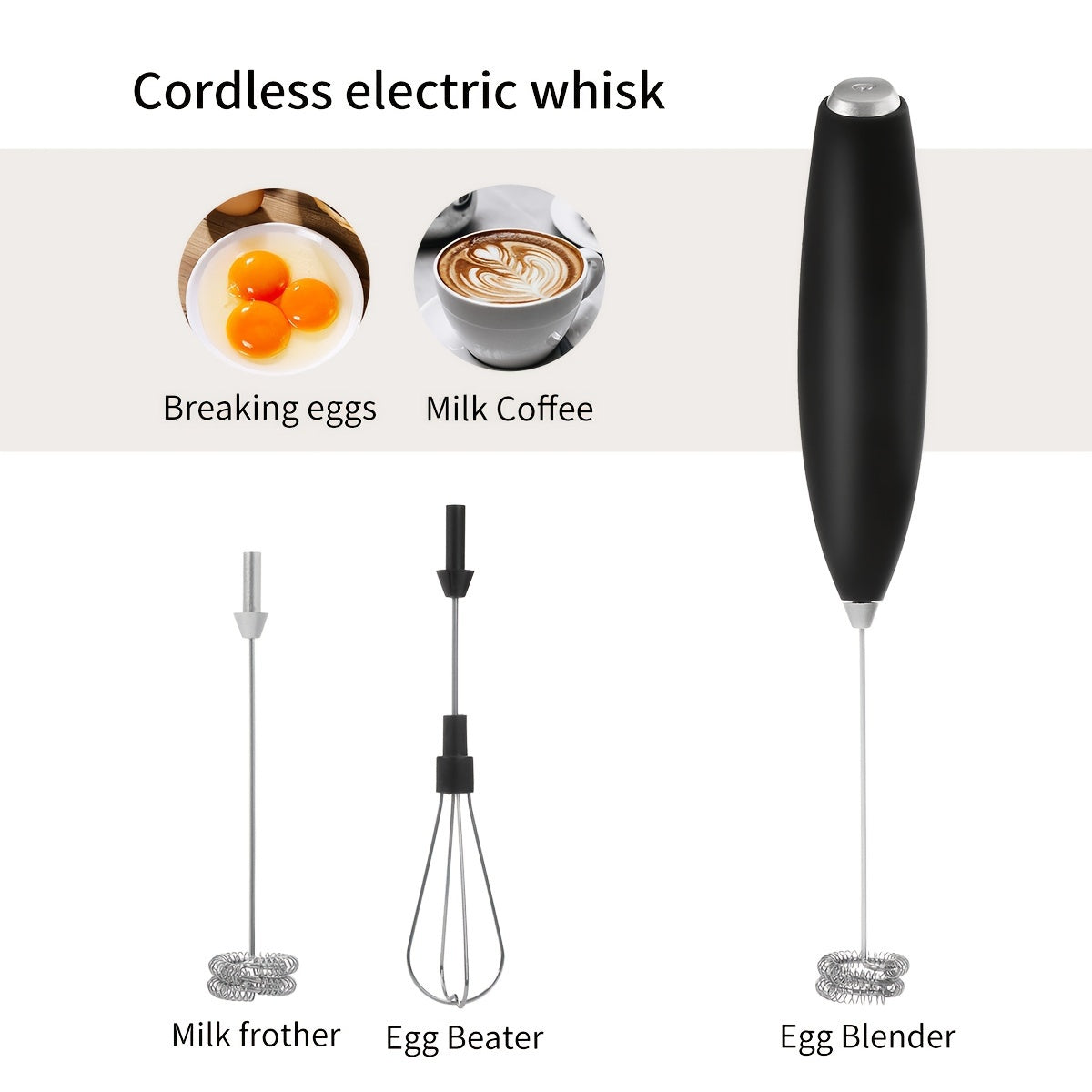 Portable 2-in-1 Milk Frother and Egg Whisk Stainless Steel Stand Black Battery-Free