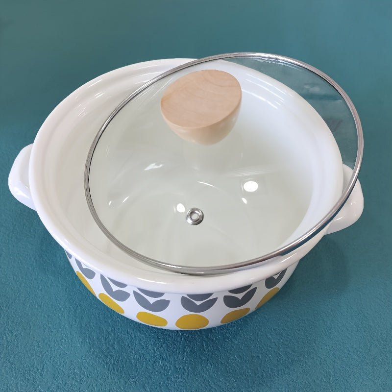 Retro ilhomlangan emal pech: Oq rangda sariq va kulrang dizaynlar bilan vintage ko'rinish, pechda pishirish uchun ideal.