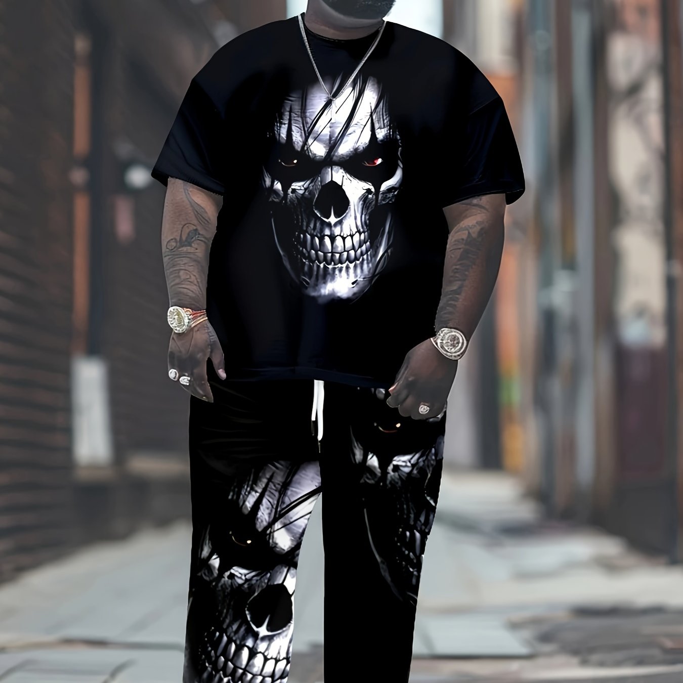 Plus Size Men's Polyester 3D Skull Print Sweatsuit Set with Pockets and Regular Fit