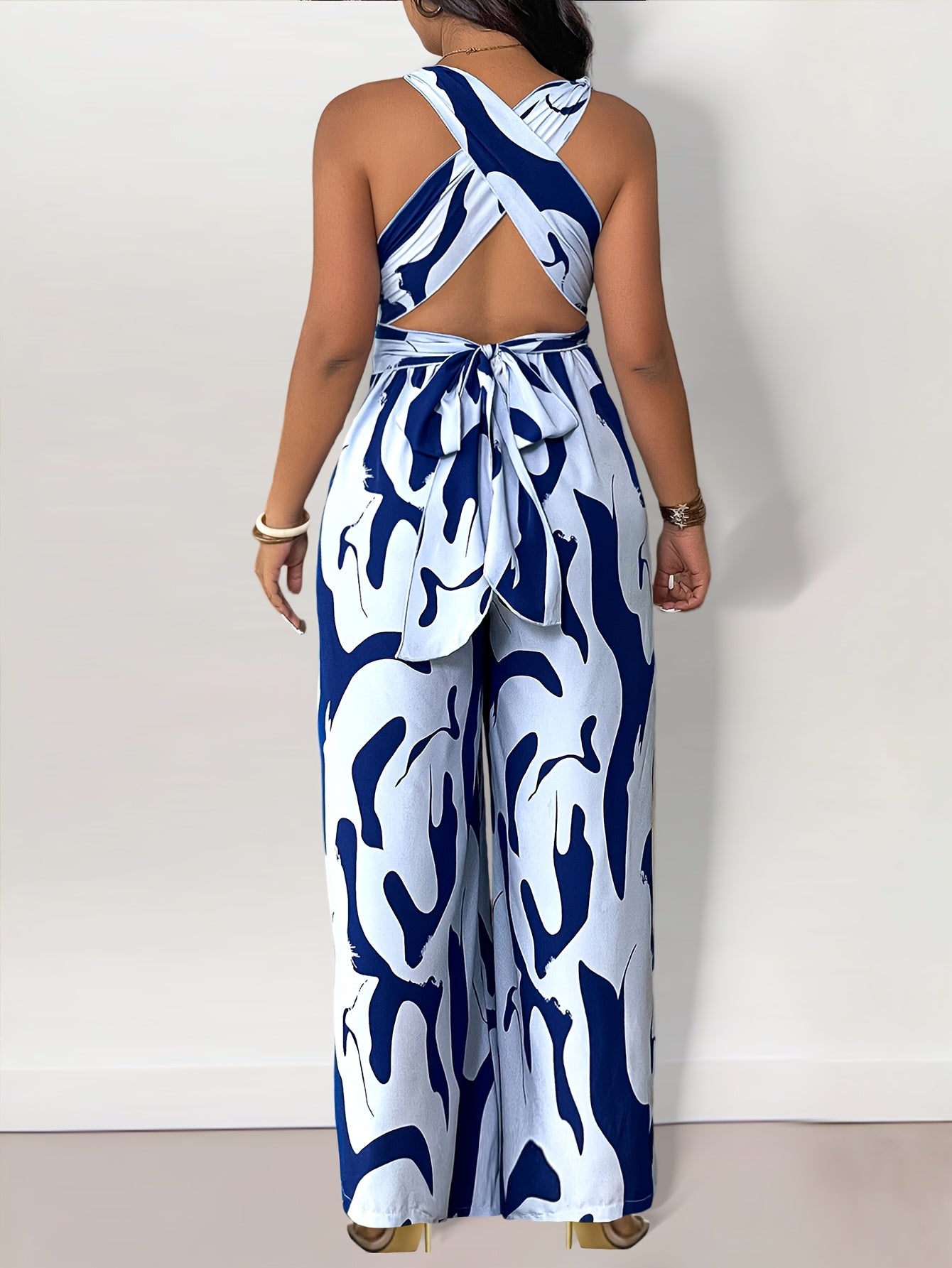 Plus Size Women's Printed Tie-Waist Backless Jumpsuit
