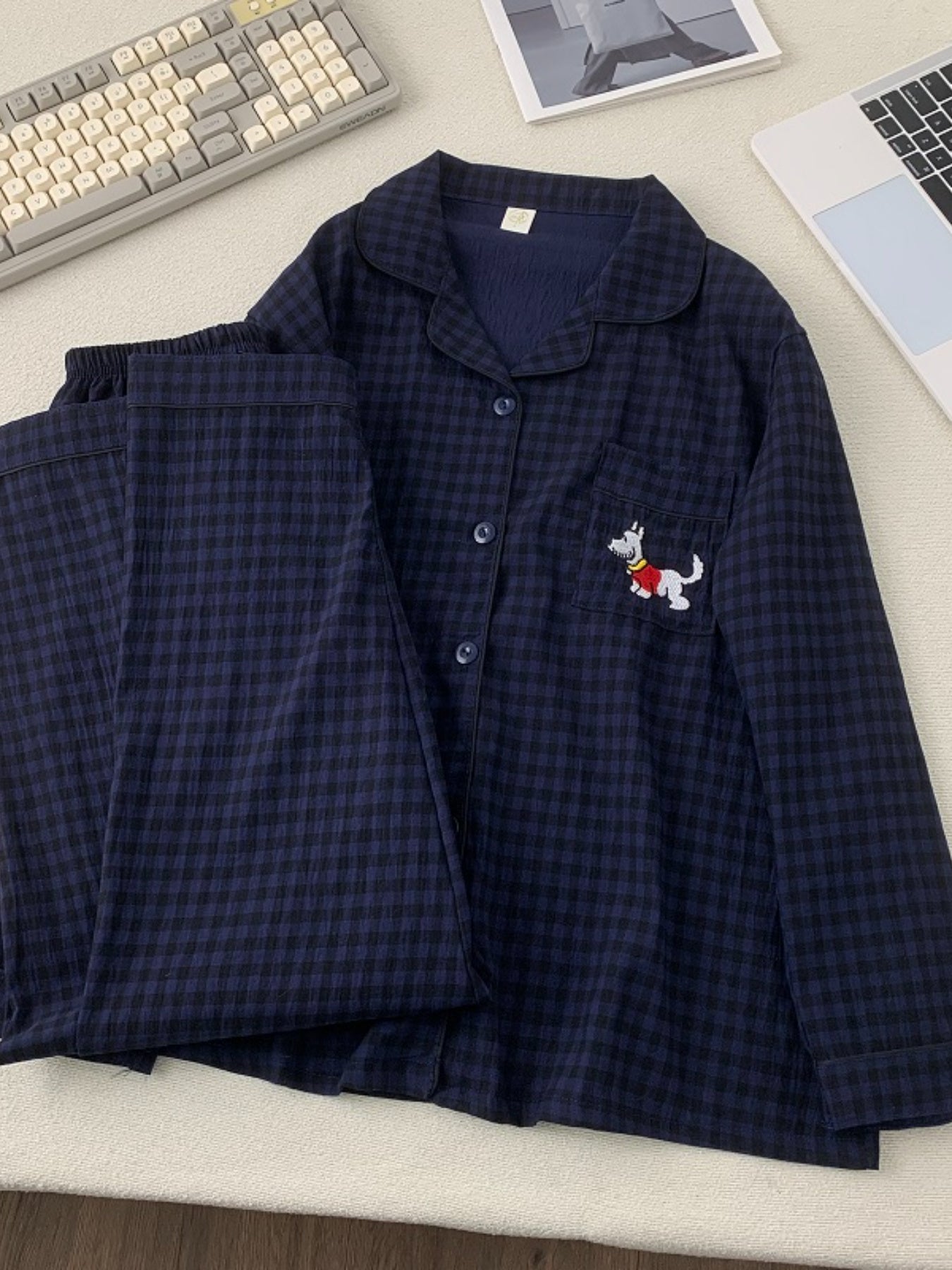 Women's Embroidered Puppy Plaid Pajama Set Plus Size Long Sleeve Casual Sleepwear