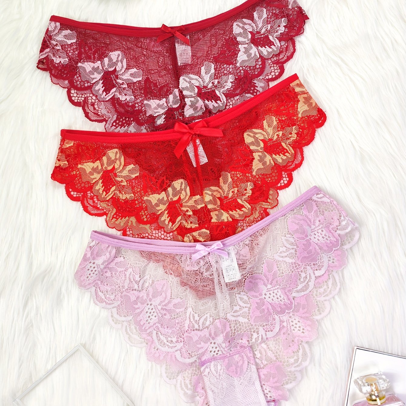 Women's Lace Low Waist Panties Nylon Floral Semi-Sheer Breathable Hollow Brief Lingerie Set