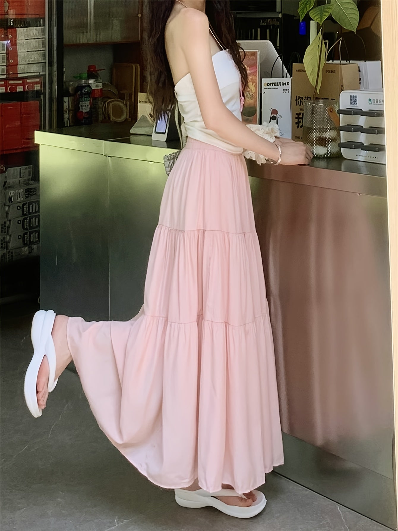 Women's Long Tiered A-Line Skirt Elastic High Waist Flared Hem Solid Polyester for Spring Summer Fall
