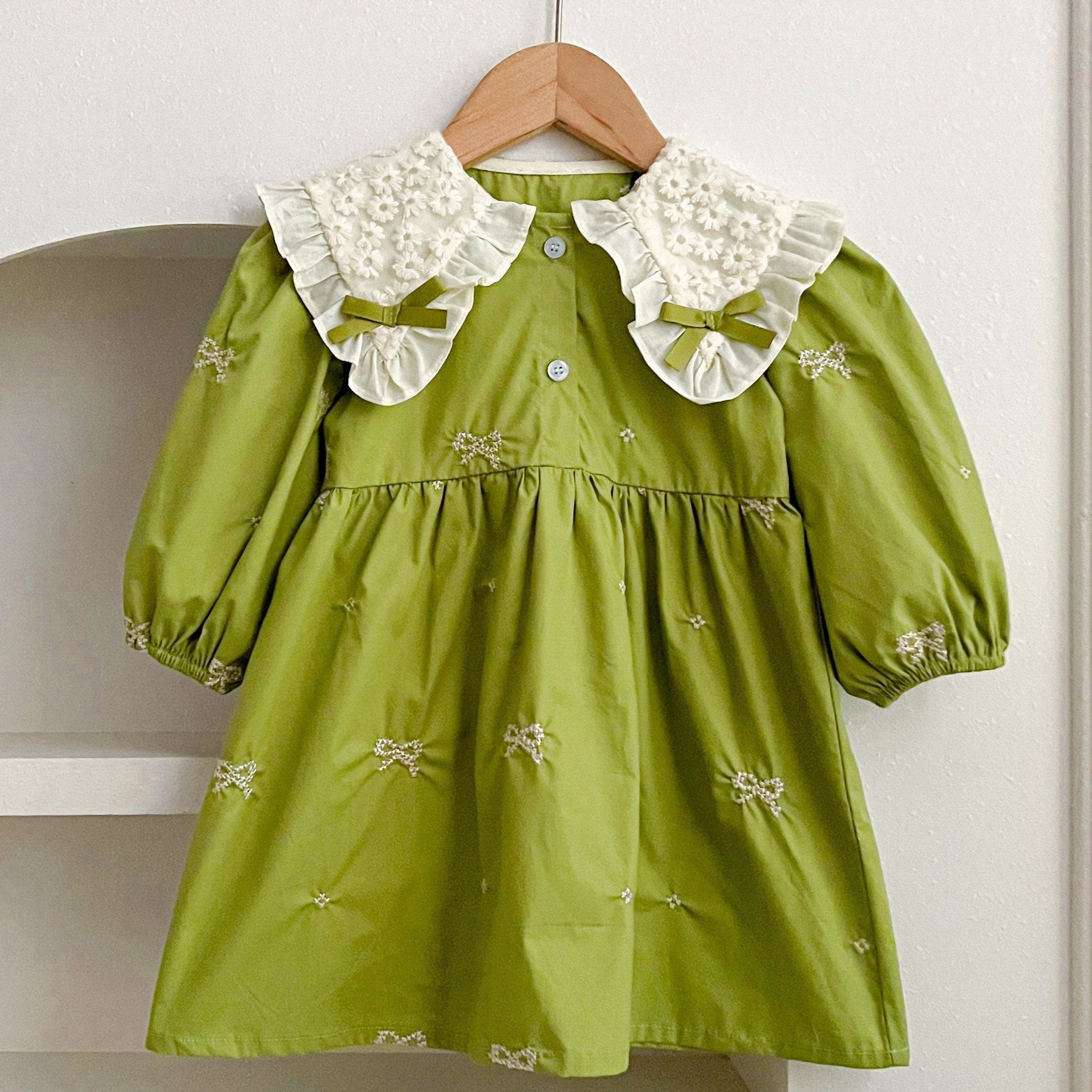 Girls' Navy Blue Cotton Princess Dress with Bow Ruffled Collar and Long Sleeves