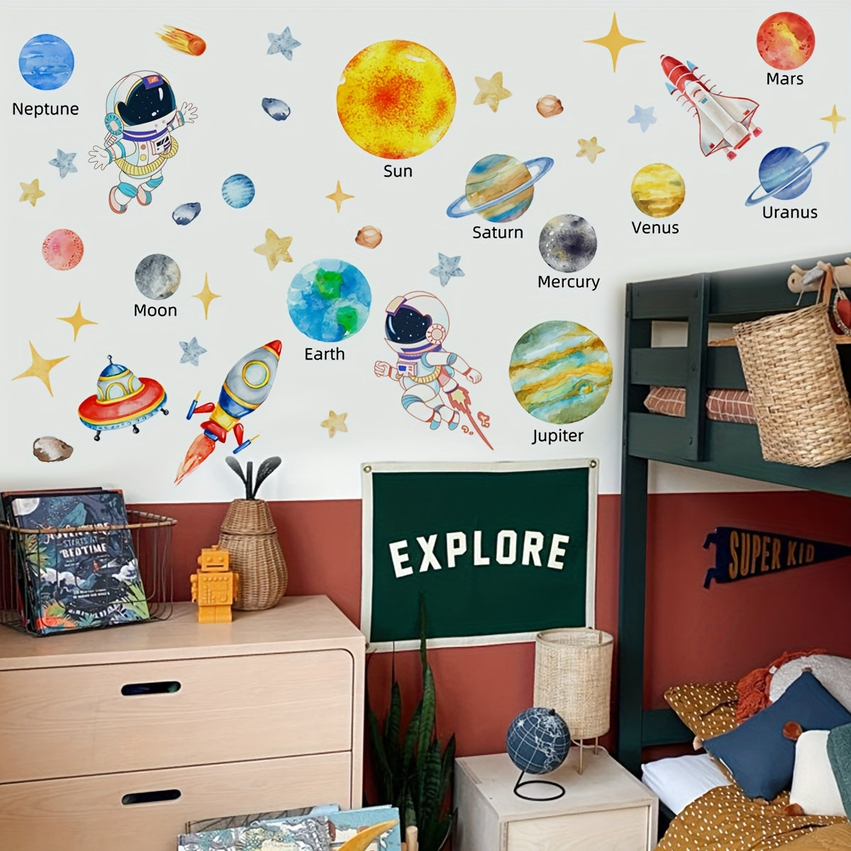Space Themed Wall Decals Set with Astronauts Stars UFOs Planets and Spaceships 160x80cm