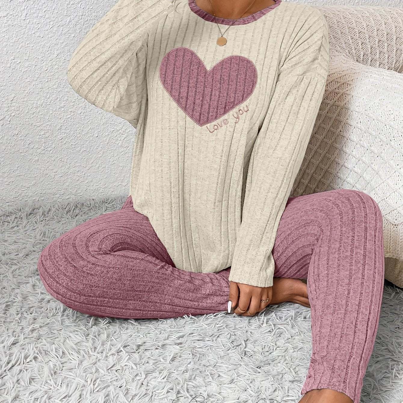 Plus Size Heart Fitted Long Sleeve and Long Pants Loungewear Set