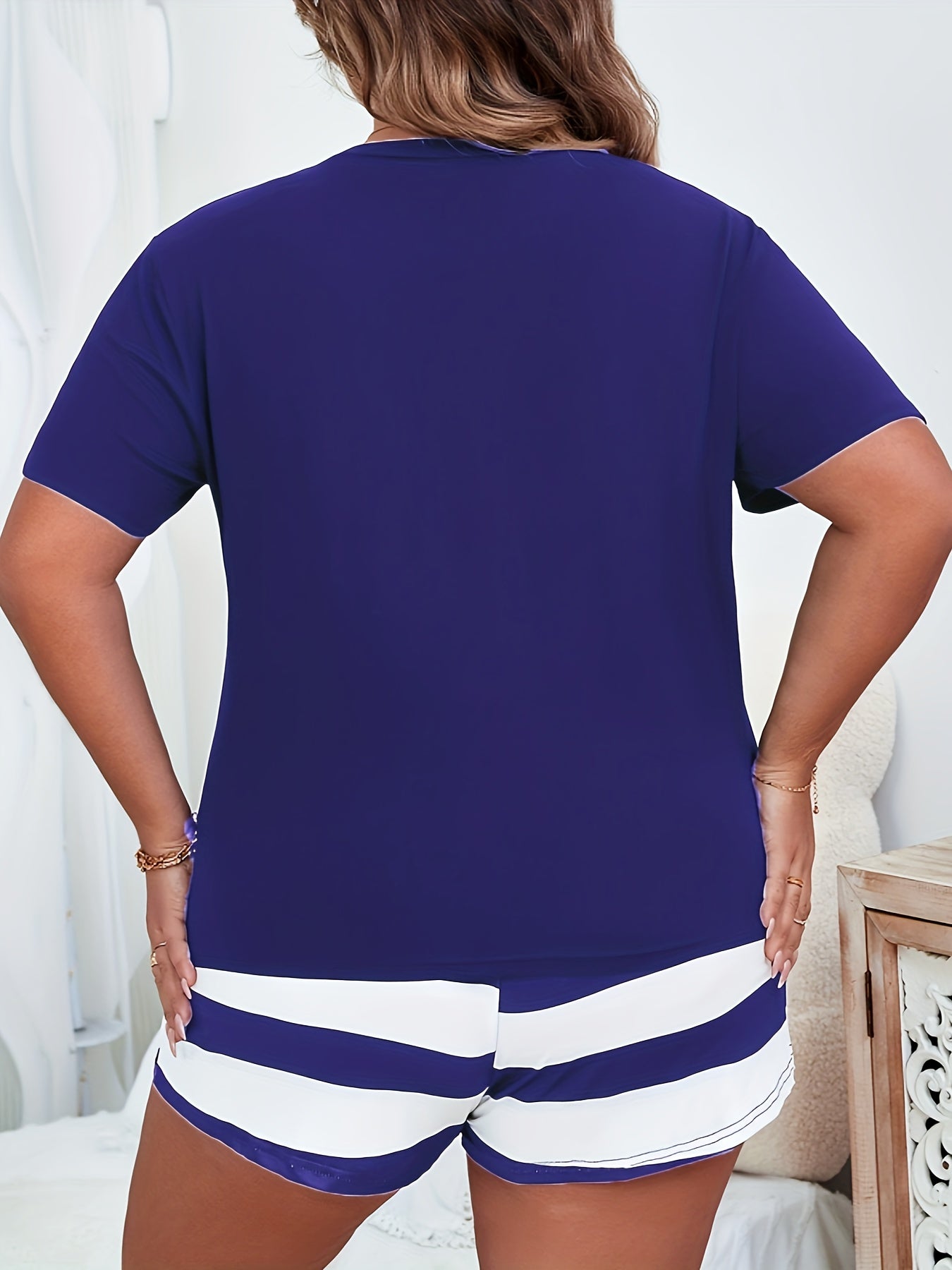 Plus Size Loungewear Set Women's Anchor Print Short Sleeve Top & Striped Shorts
