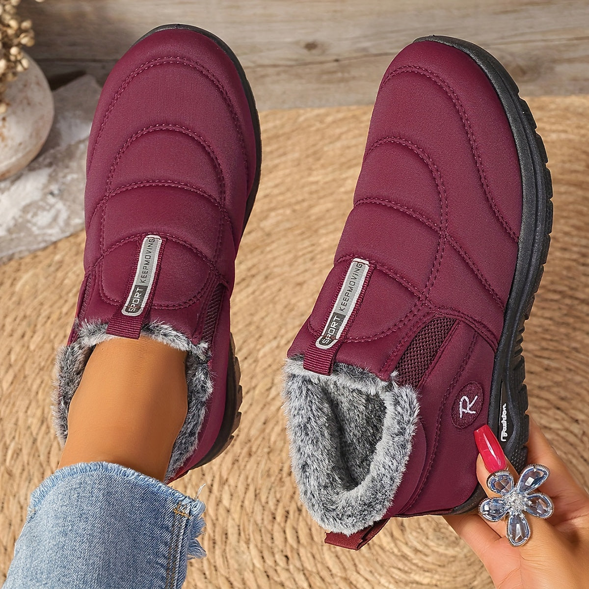 Women's Burgundy Slip-On Ankle Boots with Plush Lining and Non-Slip Sole