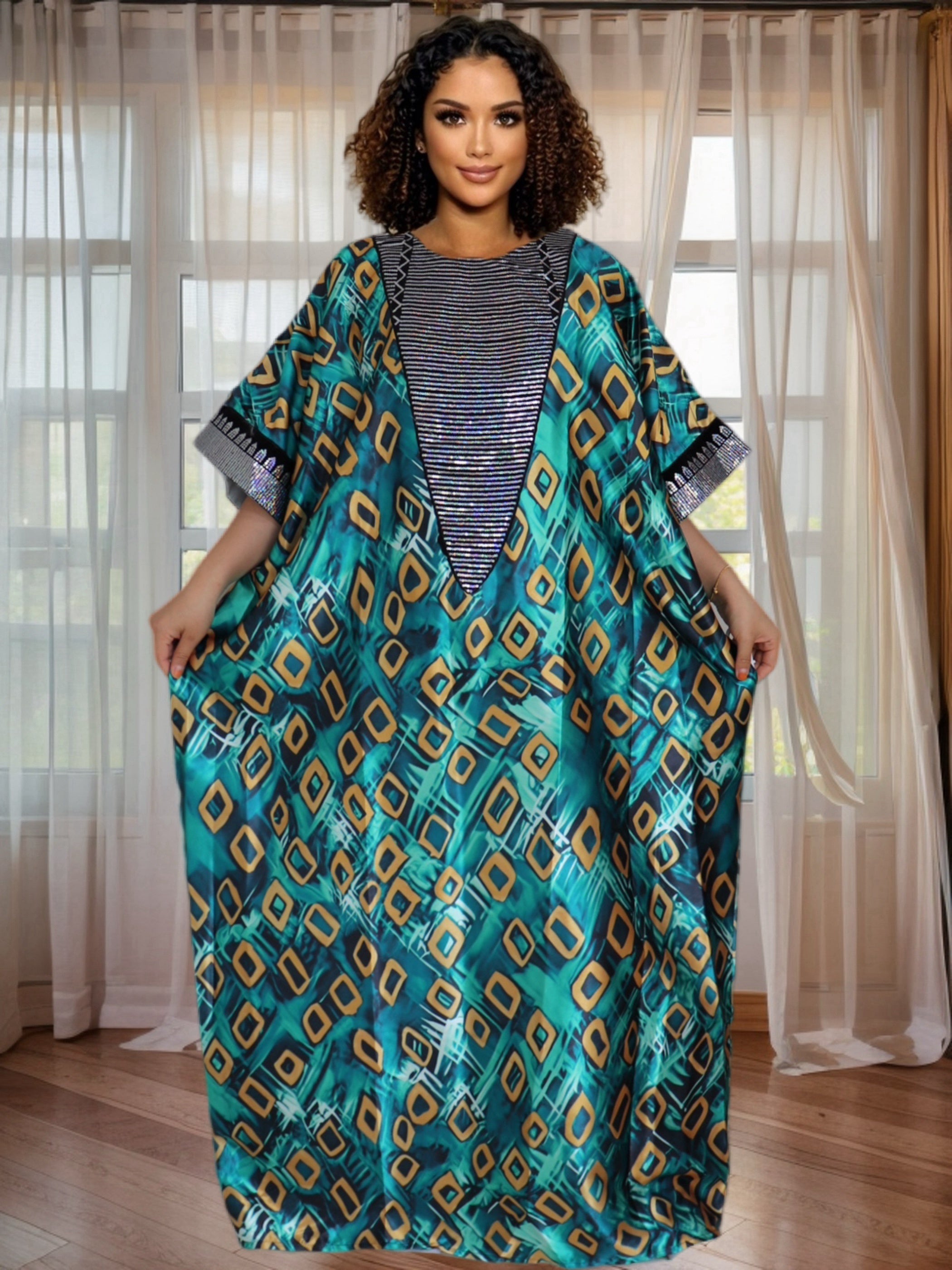 Plus Size African Sequin Printed Satin Long Dress