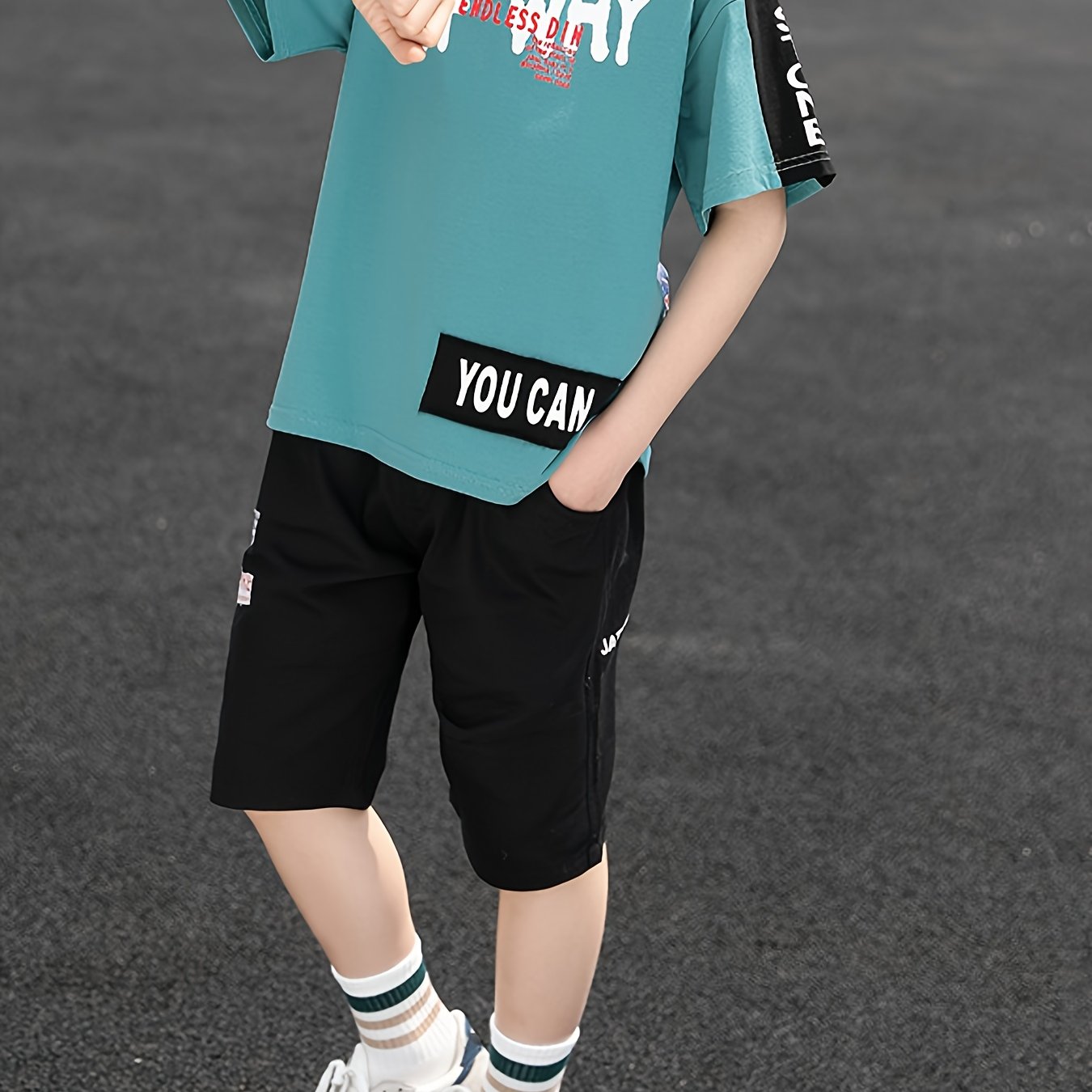 Yigitlar uchun paxta harf grafikasi T-shirt va shortlar to'plami, yoz uchun, 12 yosh va undan kichik bolalar