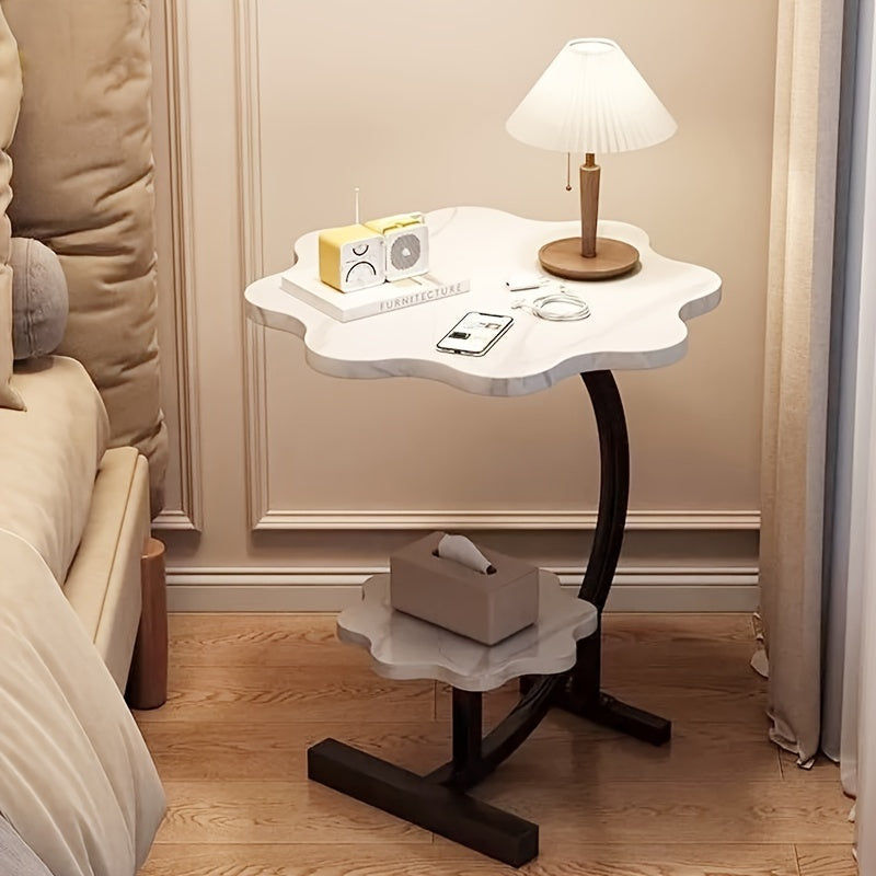 Mesa lateral en forma de pétalo de madera y metal, estilo art déco, doble capa, para sala de estar y dormitorio