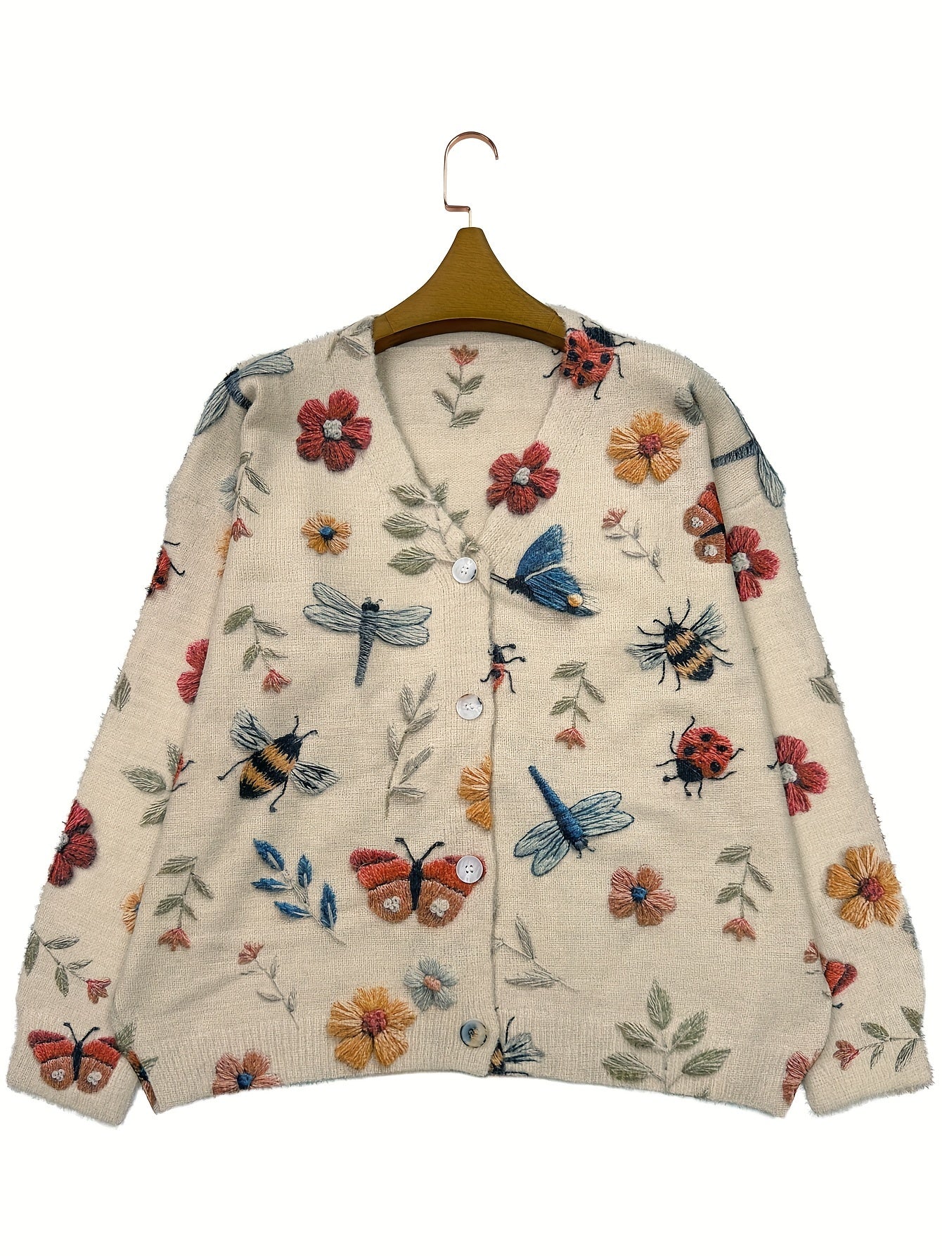 Ayollar uchun katta o'lchamli gullü va hasharotli bosma cardigan bej V-shakli bo'yinli uzun qo'lqopli pullover