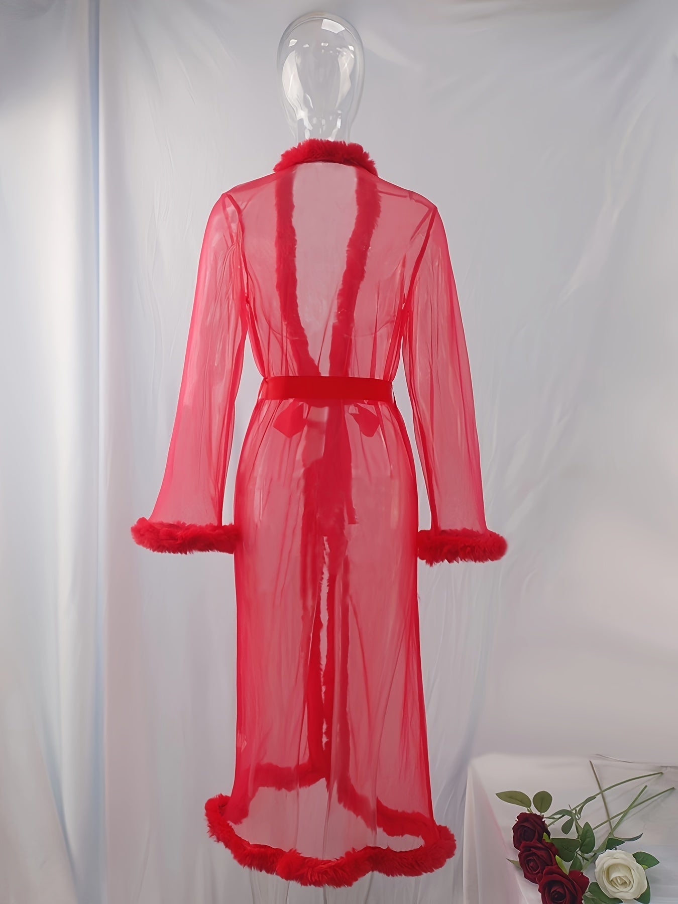 Women's Sheer Mesh Lace-Up Lingerie Robe for Mature Sleepwear in Autumn Winter