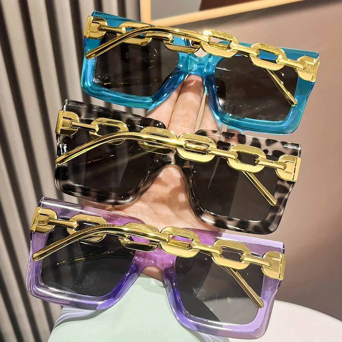 Women's Square Large Frame Glasses with Metal Chain Multicolor