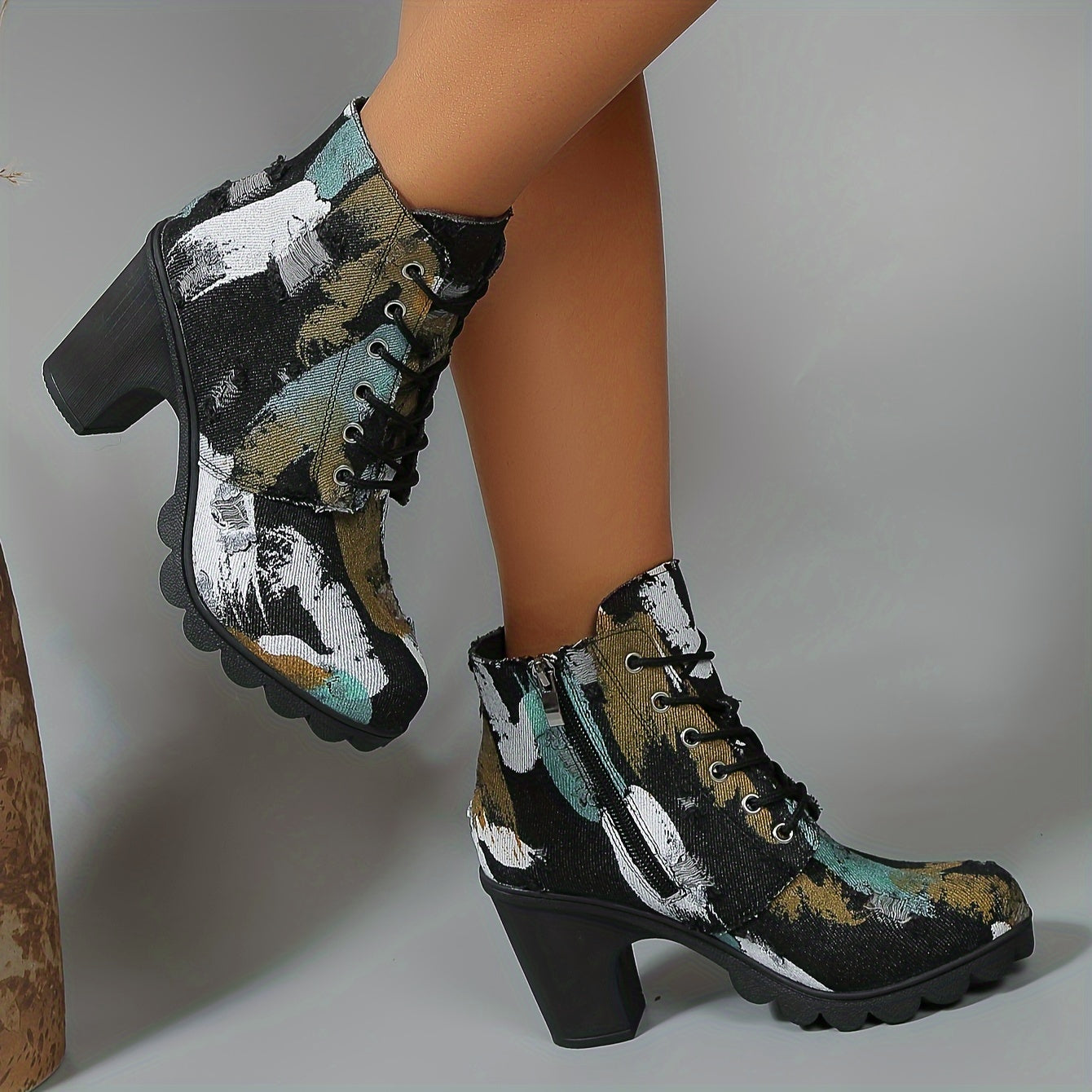 Women's Fabric Ankle Boots with Chunky Heel Side Zipper Wide Width