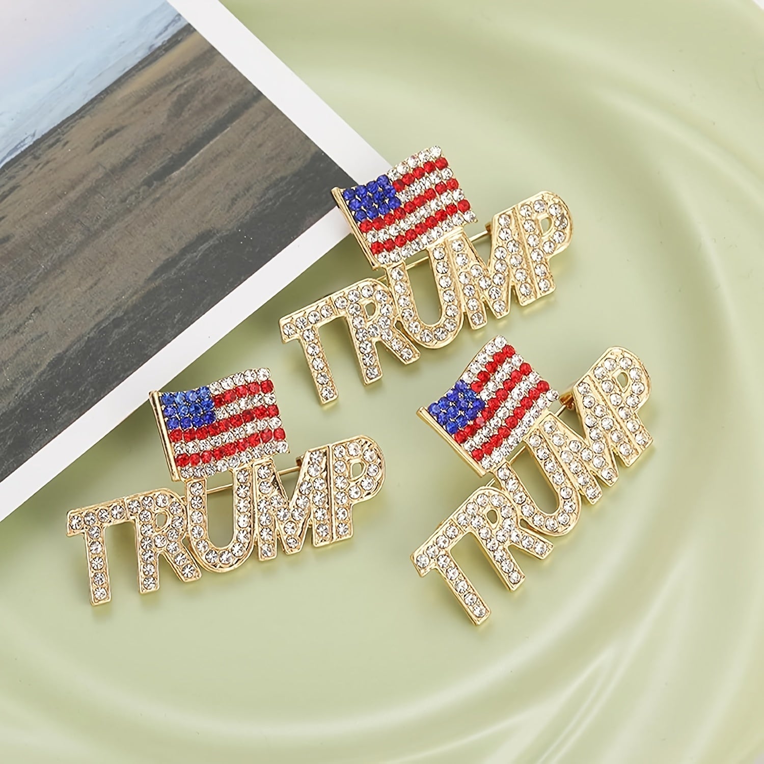 Set of 3 American Flag Crystal Pins Retro-Inspired Alloy Collectible Election Keepsakes