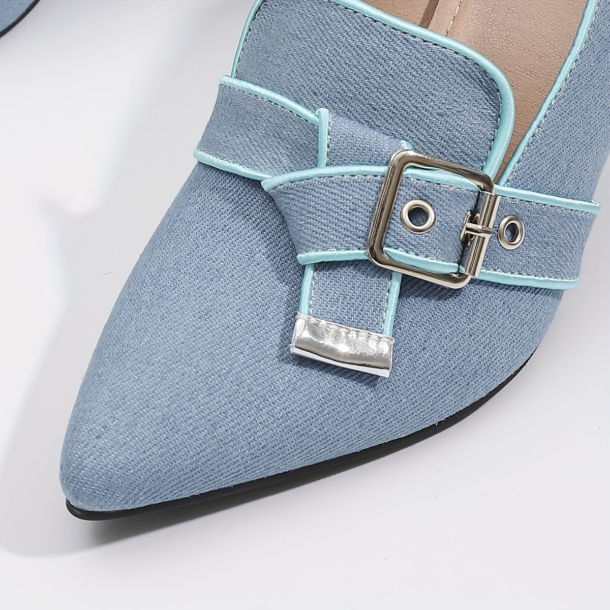 Women's Blue Pointed Toe Mary Jane Heels with Block Heel and Cushioned Insole