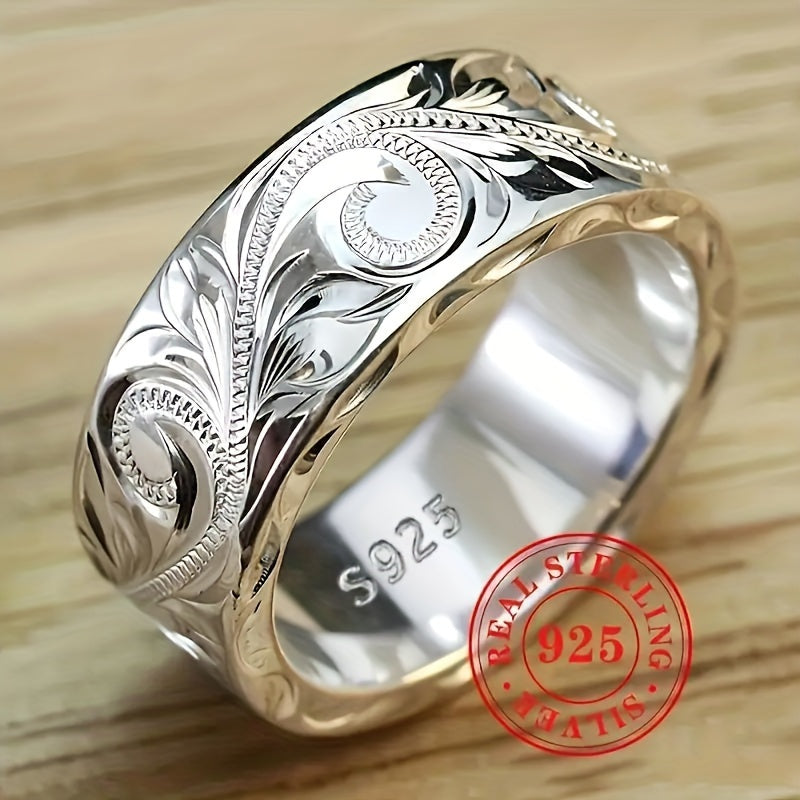 Sterling Silver Bohemian Flower Wide Band Ring for Women