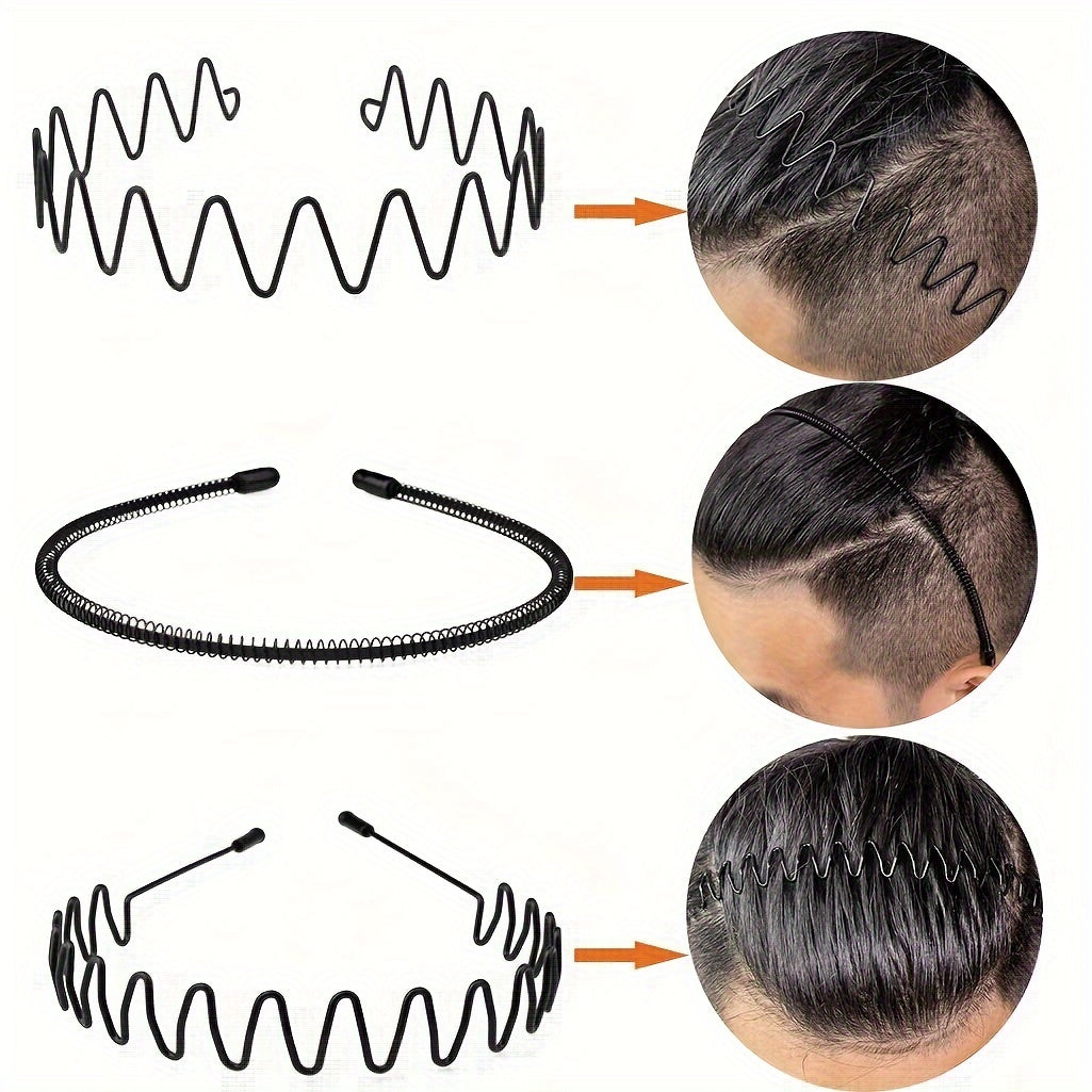Set of 6 Black Wavy Spring Metal Hair Bands Non-Slip Elastic Headwear for Men Women