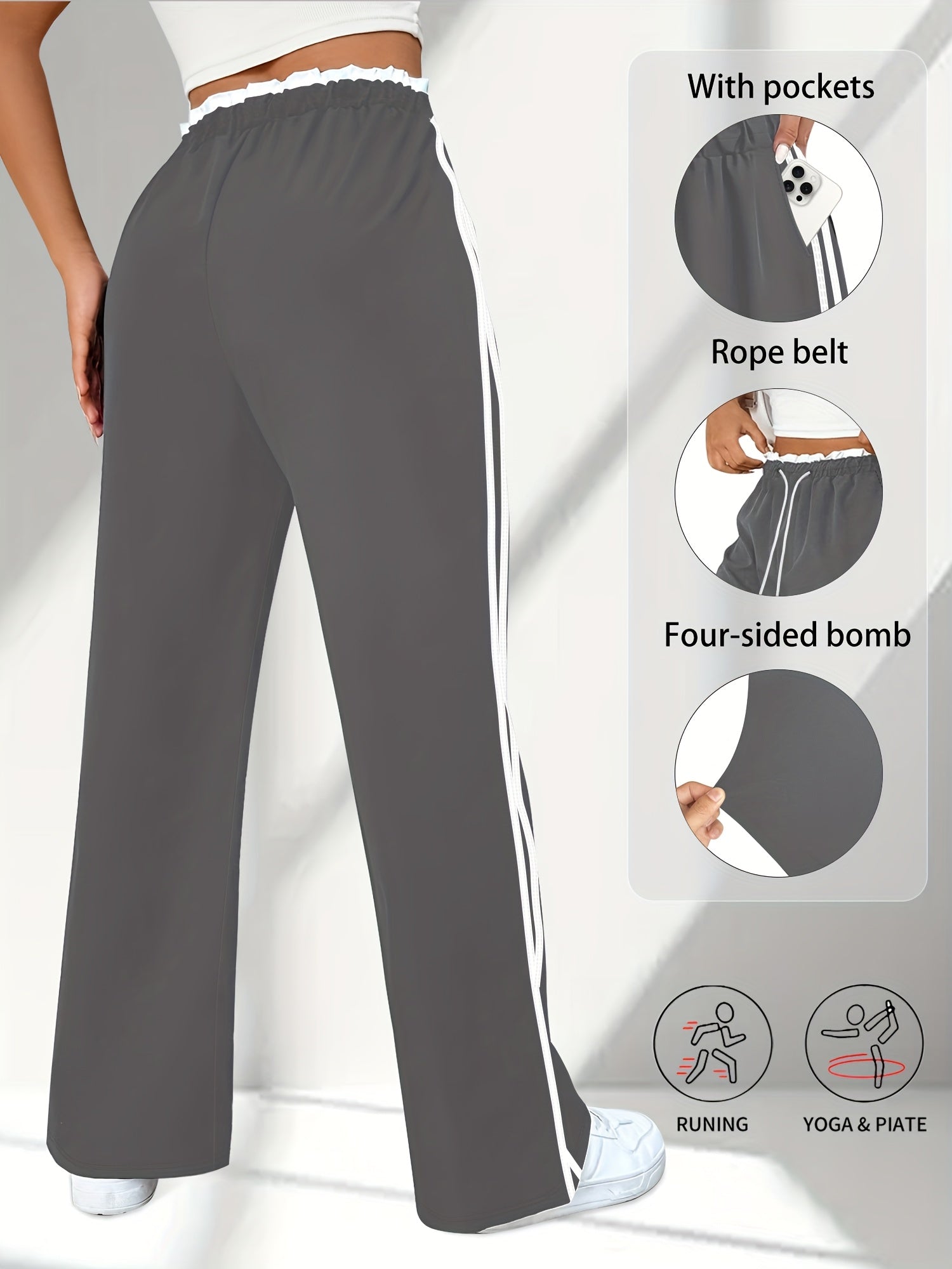 Women's Plus Size High-Waist Striped Joggers with Pockets, 7/8 Length Sports Pants