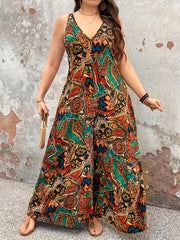 Plus Size Women's Linen V-Neck Sleeveless Jumpsuit with Floral Print