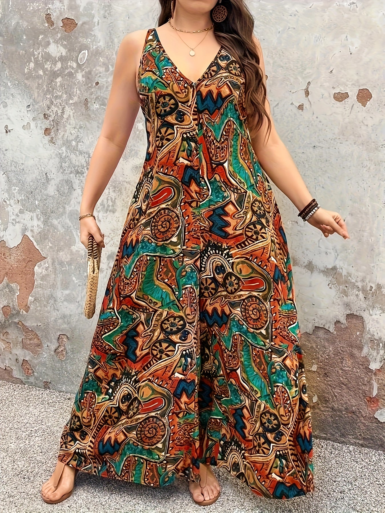 Plus Size Women's Linen V-Neck Sleeveless Jumpsuit with Floral Print