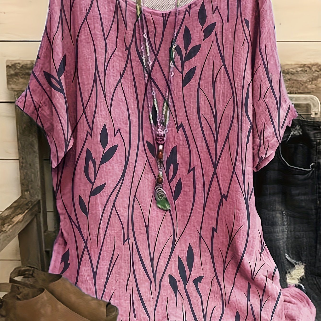 Летняя домашняя блузка для женщин больших размеров с дышащим принтом листьев