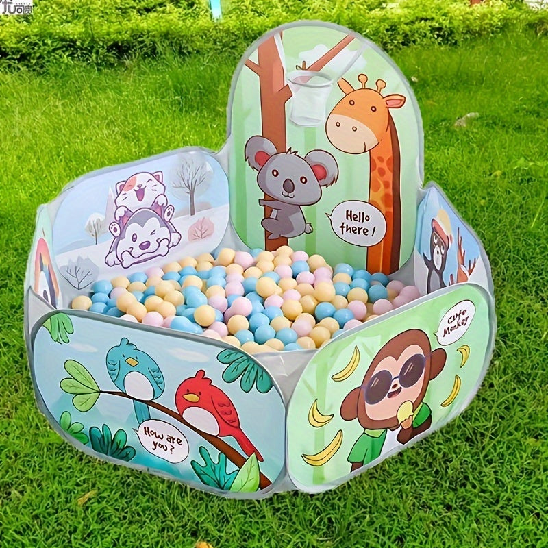 Bolalar uchun sloth va jirafa o'rmon mavzusidagi egiluvchan o'yin chodiri, mustahkam polyester va po'lat ramkadan tayyorlangan, och yashil rangda va rangli to'plar bilan. Ichki/tashqi o'yinlar va o'yinlar uchun ajoyib.